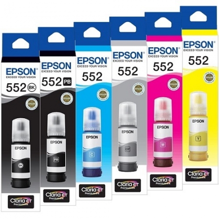 Epson Value Pack 6 Black Photo Black Cyan Magenta Grey Yellow Eco Tank Ink Bottles Set (T552) Genuine